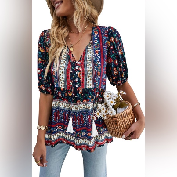 Women’s Casual Boho Floral V Neck Printed Bohemian Blouse - Multicolor - Picture 5 of 16